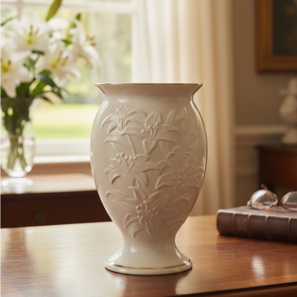 Lenox porcelain stargazer lily vase with gold trim